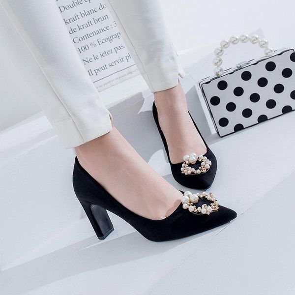 

dress shoes pamanni women's high heels flock pearl metal decoration plus size female pumps slip-on pointed toe office ladies loafers, Black