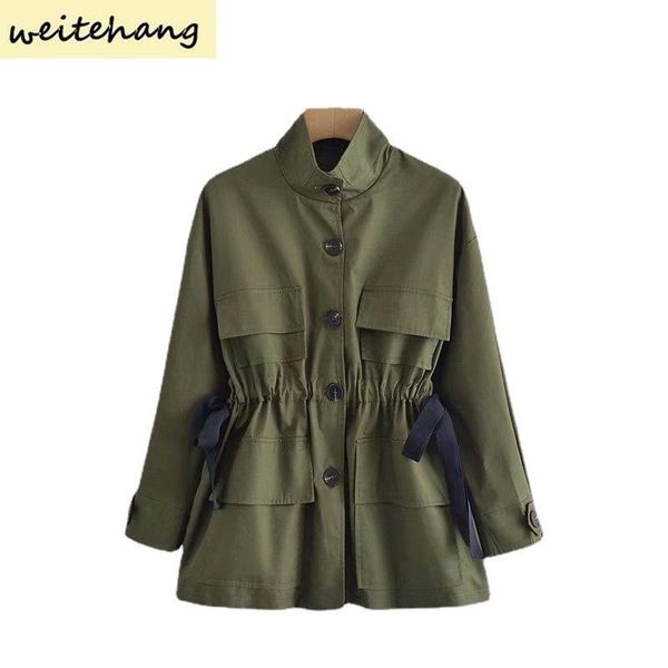 

women's trench coats autumn stand collar coat solid color waist drawstring windbreaker jacket women casual fashion outerwear 622, Tan;black
