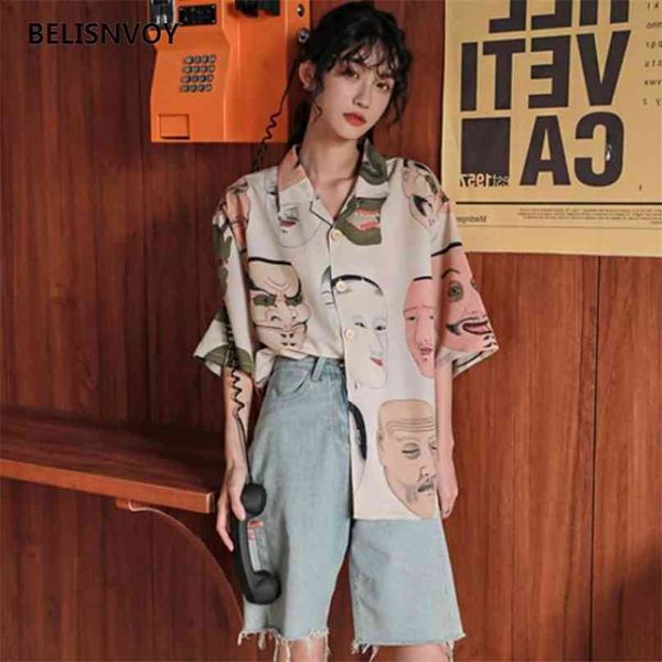 

blouses women japan ukiyoe printed design vintage femme funny shirts stylish all-match harajuku daily ladies streetwear 210520, White
