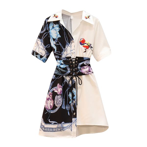 

women turn down collar shirt dress short sleeve belt sash lace up floral embroidery d2138 210514, Black;gray