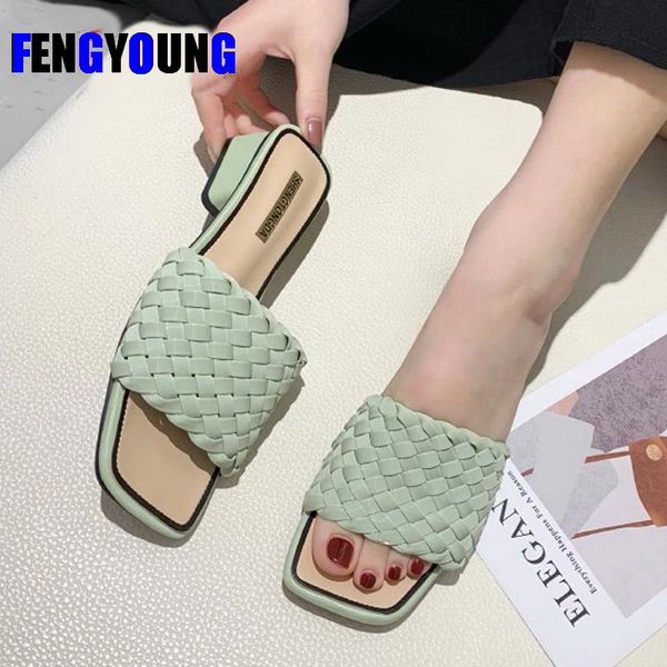 

slippers square toe solid color beach sandals 2021 women summer thick-heeled leather weave casual ladies slides, Black