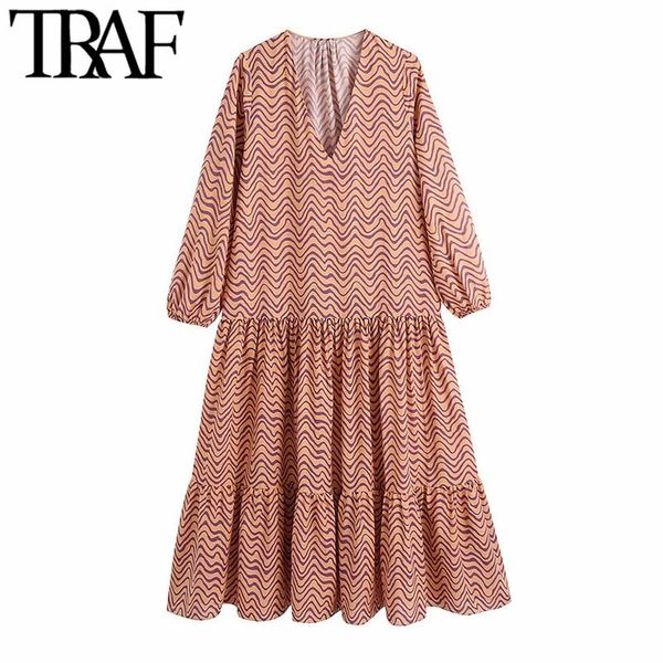 

casual dresses traf women fashion geometric print ruffled midi dress vintage v neck long sleeve female vestidos mujer, Black;gray