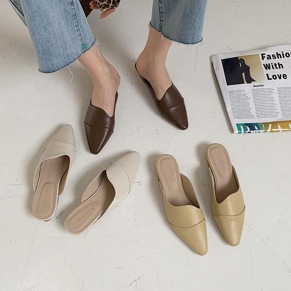 

fashion women slippers round toe thick low heels slides shallow mules shoes casual solid color size 35-39, Black