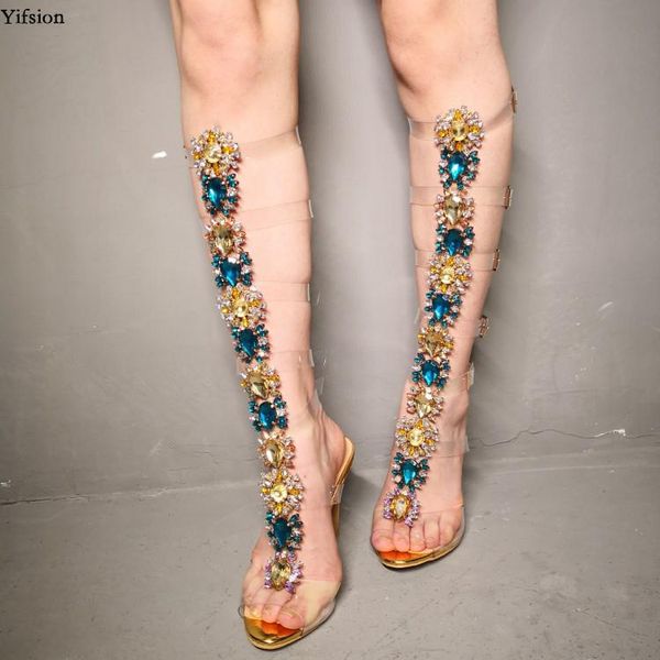 

olomm women gladiator sandals rhinestone stiletto heels bohemia open toe transparen shoes us plus size 5-15, Black