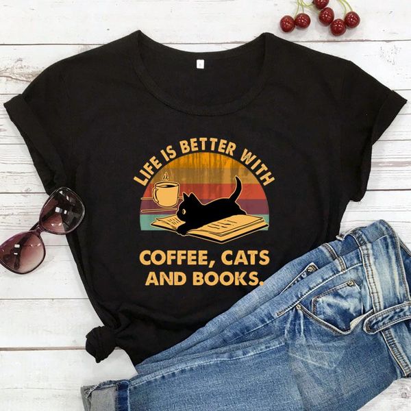 

better with coffee cats and books women's t-shirt cat lover tee harajuku kawaii stylewomen casual grunge vintage top, White