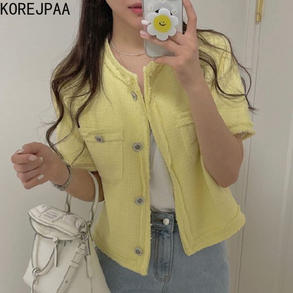 

women jacket summer korean chic french retro round neck raw edge design single-breasted loose short pocket coat 210514, Black;brown