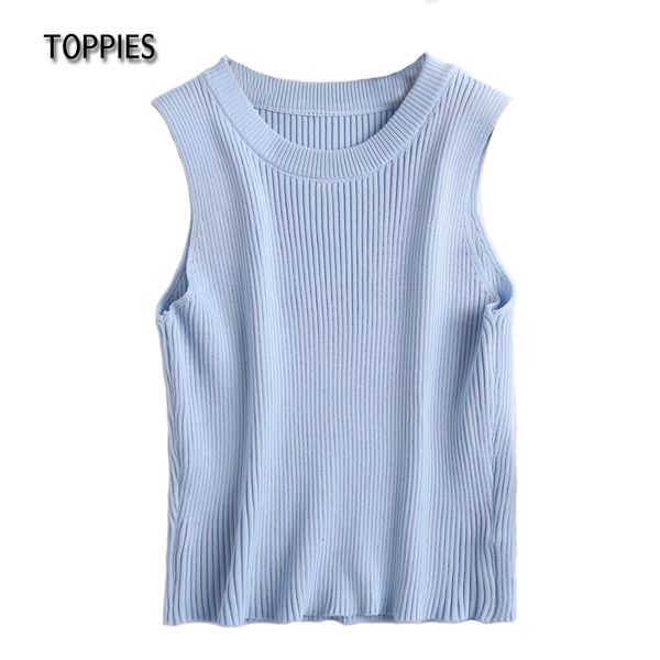 

ies new arrive knit crop women blue sleeveless vest knitted slim shirt summer tanks camis 210412, White