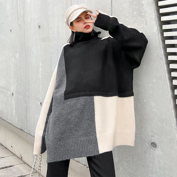 

women's sweaters fairynatural ladies winter loose patchwork design pullovers european style gothic punk harajuku long jumper turtleneck, White;black