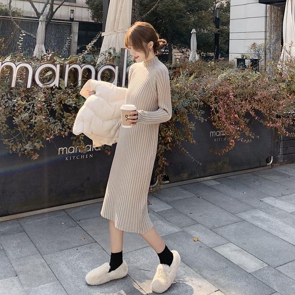 

casual dresses autumn winter elegant knitted dress for women long sleeve half turtleneck chic slim bodycon sweater korean, Black;gray