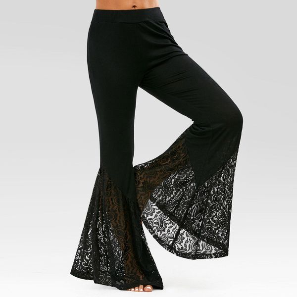 

women black pants lace patchwork flare elastic high waist office ladies fashion elegant trousers slim spring summer female 210416, Black;white