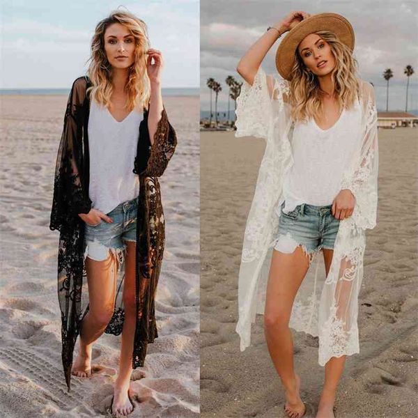

beach pareo women lace cardigan kaftan shawl coat wear swimwear cover up blouse bathing suit cape for swimsuit 210629, White;black