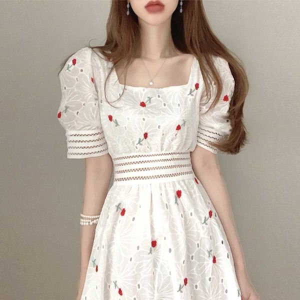 

sweet fresh dresses for women floral embroidery silm hollow out silm women dress puff sleeve vestido feminino 210525, Black;gray