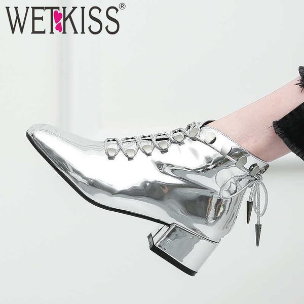 

wetkiss patent leather motorcycle boots women thick heel boot female metal cross tied shoes lady square toe shoes women winter 210630, Black