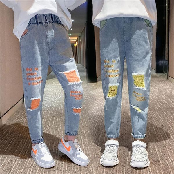

fashion kids jeans for girls spring fall hole denim casual ripped children trousers 3 10 12 years clothes, Blue