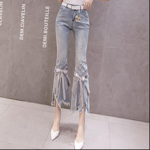 

hoge taille vrouwen ripped cropped women jeans lente zomer nieuwe onregelmatige kralen boog uitlopende denim broek dames, Blue