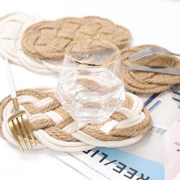 

mats & pads handmade woven cotton thread jute table mat dining placemats insulation cup home dinner decorations /