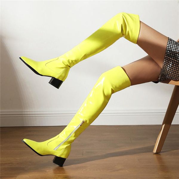 

boots female square heel pointed toe vrouwen laarzen zip super high over-the-knee winter woman shoes, Black
