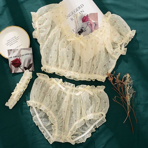 

2021women gauze printed flower ruffles kawaii lingerie home clothes pajamas bra short sleeve shorts lingerie set for, Black;red