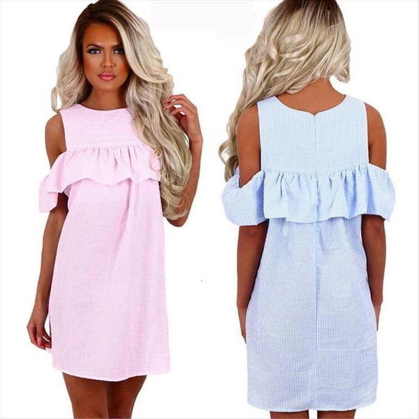 

ruffle off shoulder women dress zipper back blue and white striped cute casual summer, Black;gray