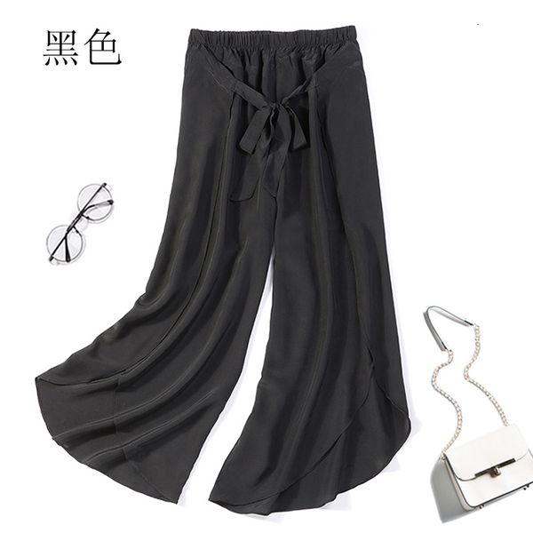 

pants women's 100% pure silk belted elastic waist ruffled wide leg long pants trousers jn454, Black;white