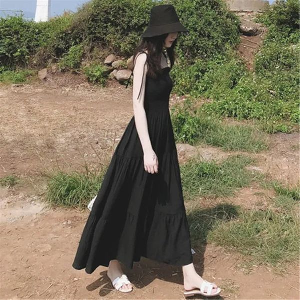

dress korean style casual sleeveless black maxi women summer boho adjustable strap sling long, Black;gray