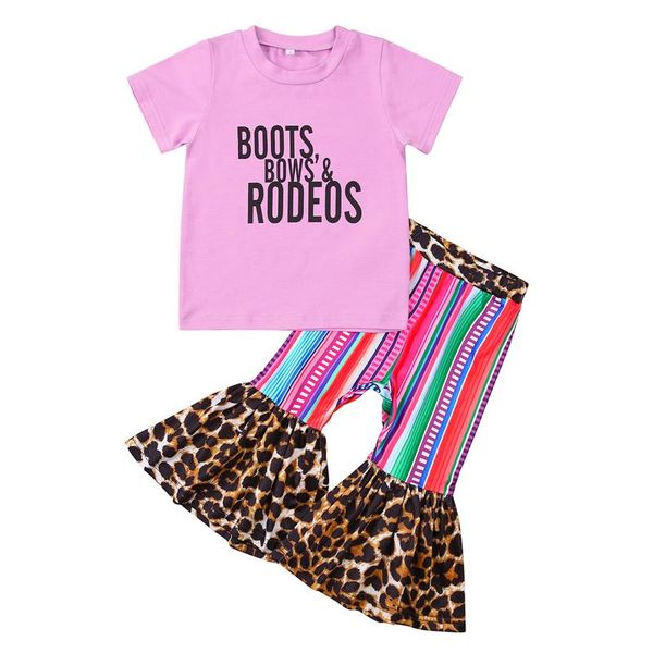 

pieces kids suit set fashion girls letter print o-neck short sleeve + leopard flared trousers summer children clothing sets, White