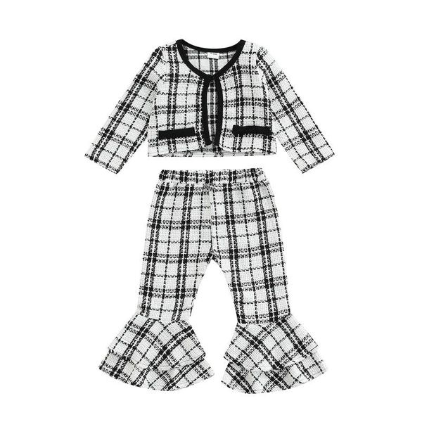 

clothing sets 2pcs little girl flared pants set, long sleeve buttoned v-neck plaid coat elastic waist multi layer leg opening trousers, 18m-, White