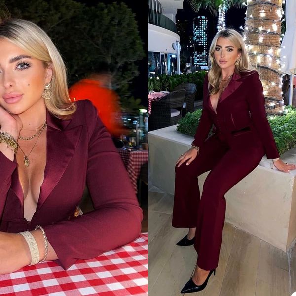 Yaz Bordo Anne Gelin Takım Elbise Slim Fit V Boyun Ofis Bayan Geniş Pantolon Suit Balo Parti Düğün (Ceket + Pantolon)