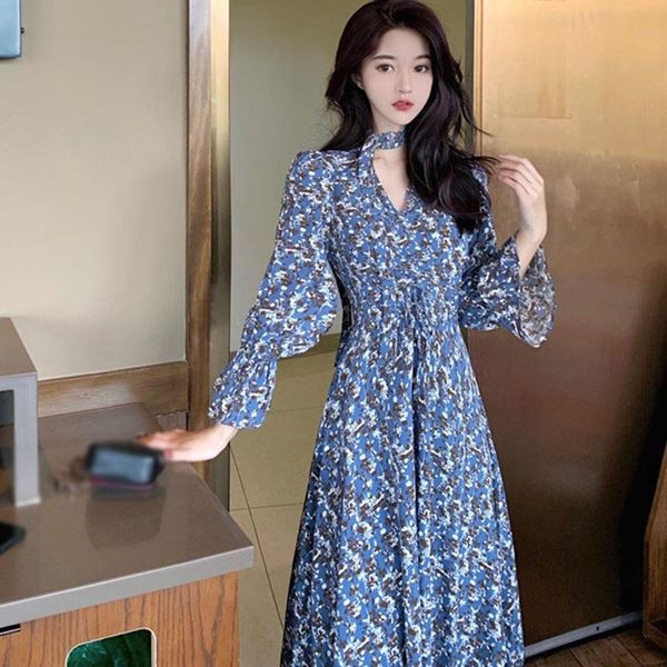 

casual dresses autumn floral v-neck long-sleeved dress women temperament flare sleeve elegant bohemian streetwear for female, Black;gray