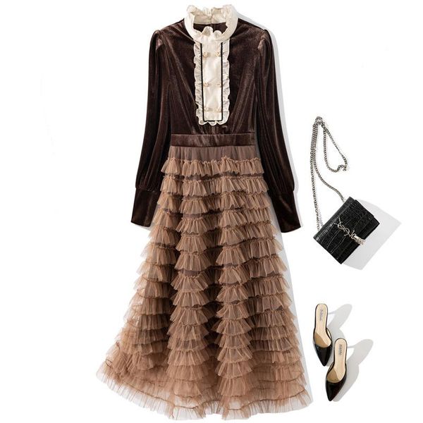 

women stand collar full sleeve velvet cake dress casual dresses, Black;gray