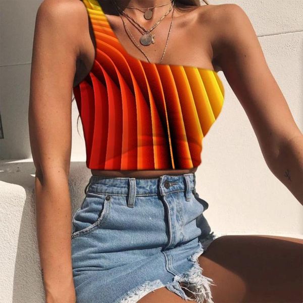

women's tanks & camis kyku brand geometric vest women tees graphic vortex one shoulder crop rainbow midriff t shirt woman c, White