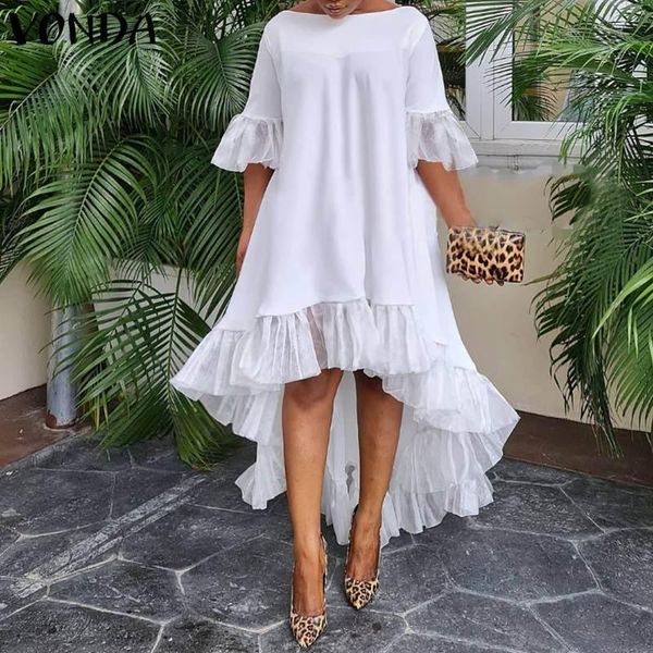 

casual dresses vonda bohemain women ruffled dress 2021 autumn 3/4 sleeve lace patchwork irregular hem party solid vestidos oversize robe, Black;gray