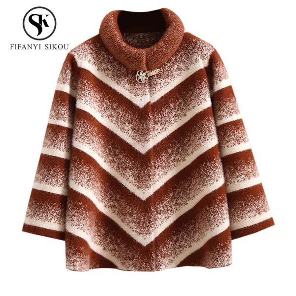 

women's sweaters mink cashmere coat winter women knitting sweater loose short cardigan coats fashion striped thick warm outerwear femal, White;black