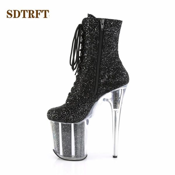 

boots sdtrft stilettos 20cm thin high-heeled ankle transparent platforms shoes woman crosser botas mujer sequined pumps, Black