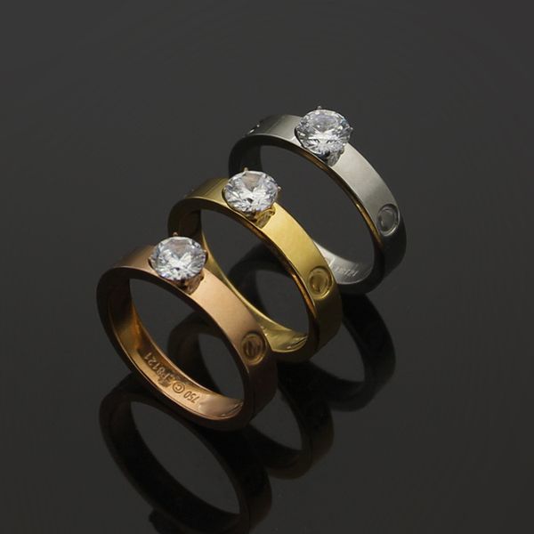

extravagant love ring four prong solitaire diamond gold silver rose colors stainless steel couple rings fashion women designer jewelry party