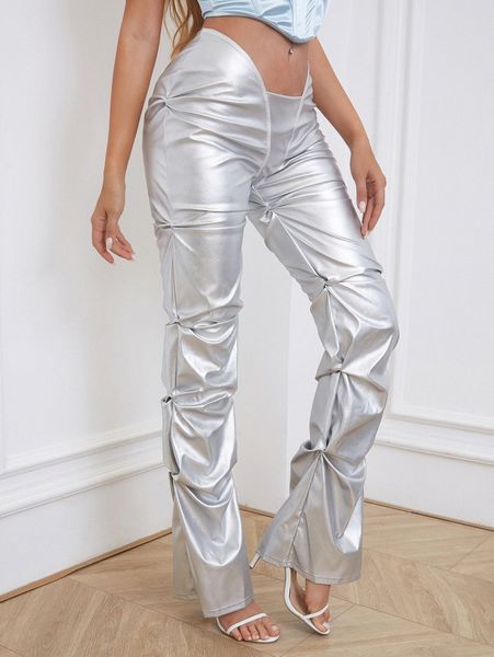 

asymmetrical waist pu leather stacked pants l43t#, Black;white