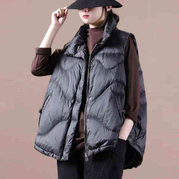 

women's 2021 new winter wear white duck down light and thin foreign style coil buckle loose vest short clip, Black