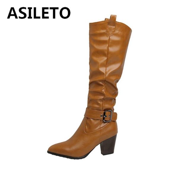 

boots asileto autumn women slouchy knee-high pointed toe 7cm square heel pu zipper big size 33-46 black white brown club s1944