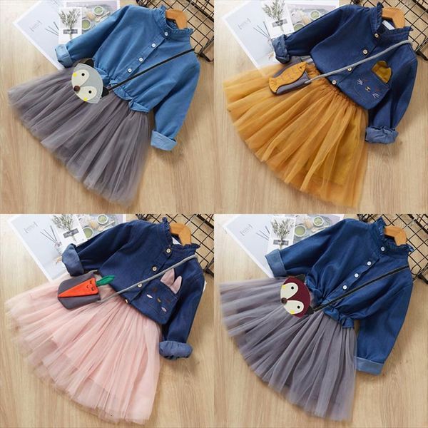 

little girl bunny print denim tulle tutu with carrot shaped bag kitten print dress suit kid spring fall cute everyday dress, Red;yellow