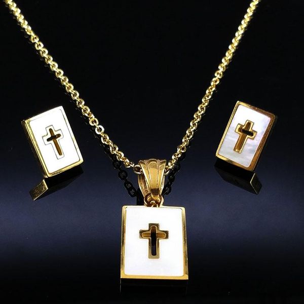 

earrings & necklace shell stainless steel cross jewelry sets gold color women set de acero inoxidable dorado s17692s03, Silver