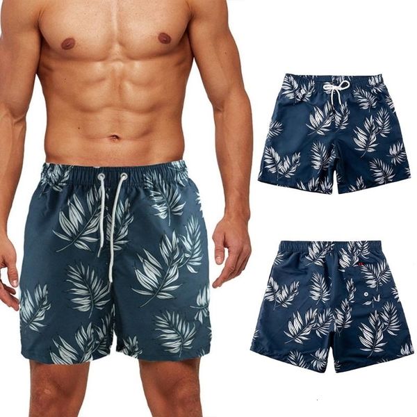 

men summer quick dry beach board shorts printed leaf drawstring elastic waist swim trunks sports pants men's 025y, White;black