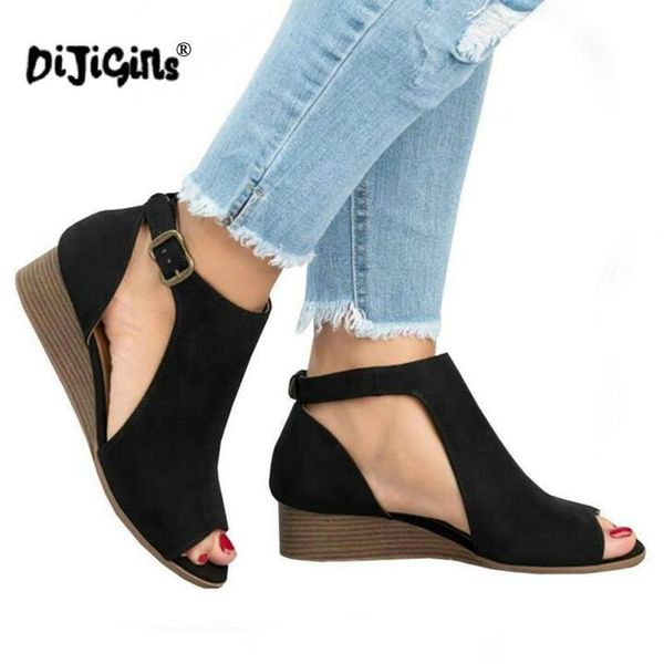 

drop woman wedge buckles fish mouth sandals gladiator women mid heel ladies summer peep toe shoes, Black