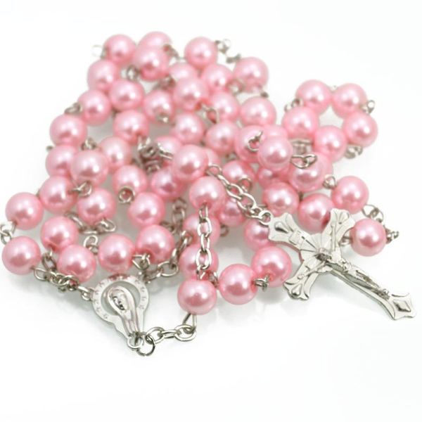 

pendant necklaces imitation pearl beaded necklace for valentine's day downtown loudes cross holy land catholic rosary, Silver