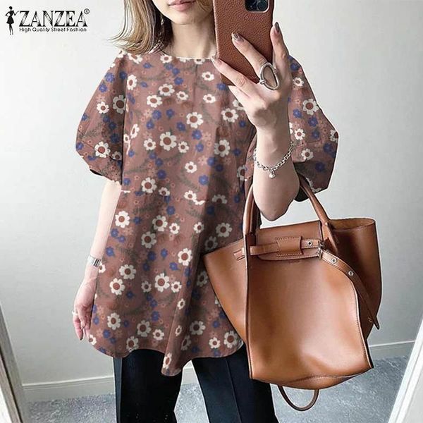 

women's blouses & shirts oversize printed zanzea 2021 kaftan summer casual puff sleeve blusas female tunic chemise floral, White