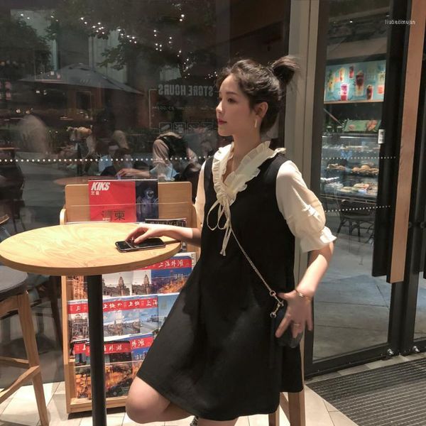 

poungdudu 2021 maternity dress pregnant dresses v-neck lace up loose fake two pieces short -sleeve elegant lady office women1, White