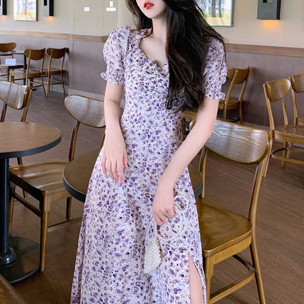 

casual dresses french elegant midi women short sleeve vintage floral females korean style sweet beach summer chic e0yn, Black;gray
