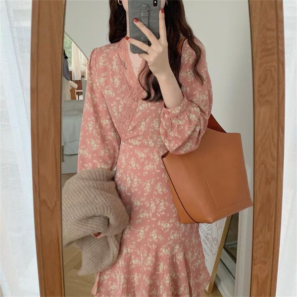

casual dresses pink florals lace chiffon long dress women slim v-neck sleeve elegant autumn chic vestidos robe femme, Black;gray