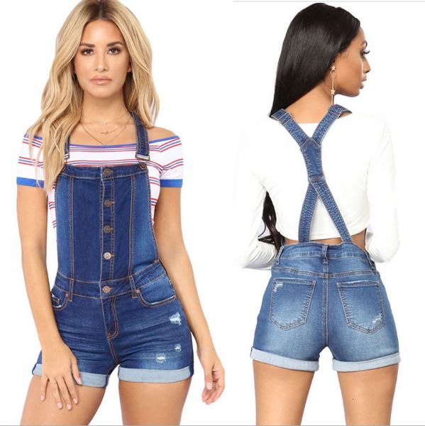 

women's jeans woman overalls short fashion cuffs denim ripped casual scratched sashed bodysuit shopping 3j8e, Blue