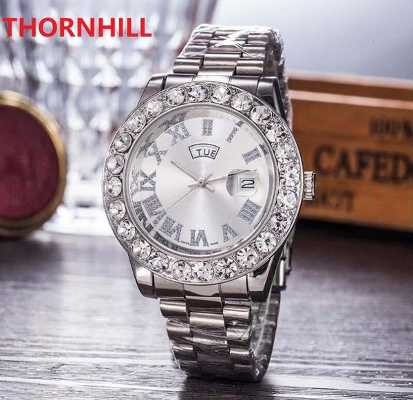 Top Marke Full Edelstahl Uhren Luxus Mode Big Diamonds Ring Quarz Beliebte Roman Dial Center Sport Militäruhr Männliche Uhr Reloj de Pulsera