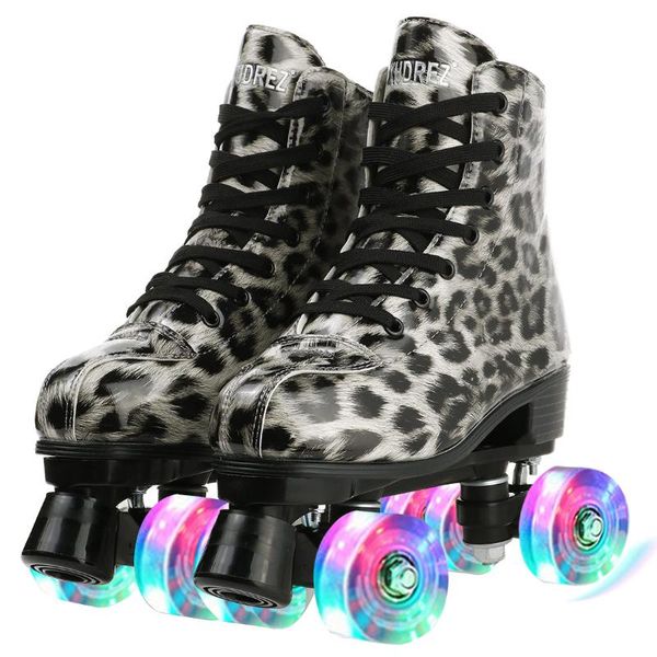 

inline & roller skates double line patines artificial sneaker leather skating white leopard pu flash 4 wheels patins